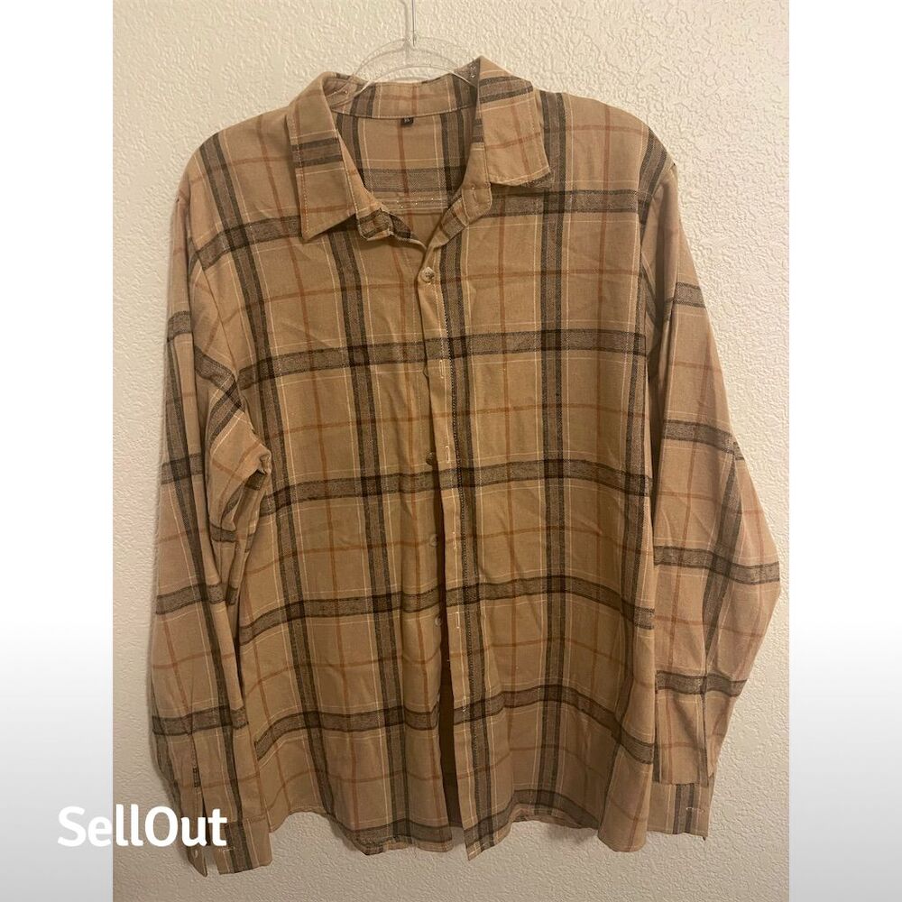 Vintage Plaid Button-Up Shirt Beige Unisex XL Long Sleeve Casual